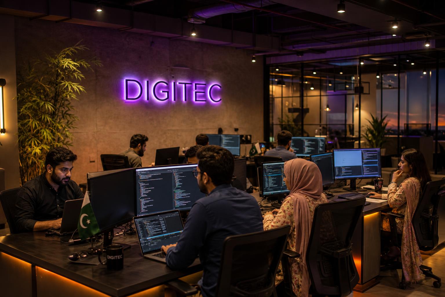 Inside the Digitec Solution office — engineers and designers collaborating under a glowing DIGITEC sign