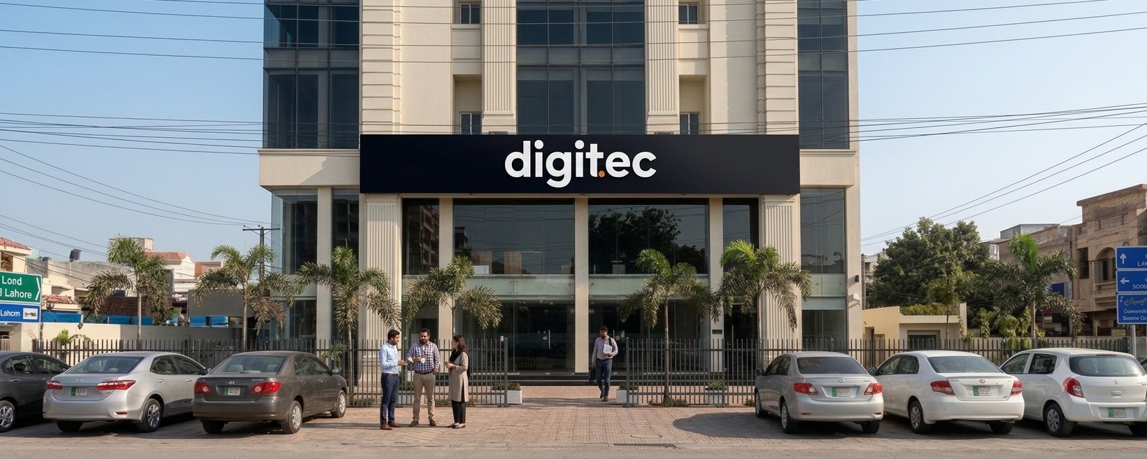 Digitec Solution head office building exterior in Lake City, Lahore, Pakistan with the Digitec logo sign on the façade
